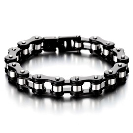COOLSTEELANDBEYOND Masculine Mens Bike Chain Bracelet of Stainless Steel Black Silver Two-Tone High Polished(CA)