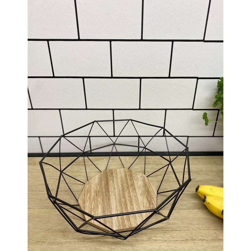 Black Geometric Metal Wire Wooden Base Decorative Storage/ Display Basket