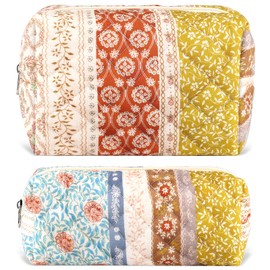 URSKYTOUS 2Pcs Cotton Quilted Makeup Bag for Women Girls Coquette Cosmetic Bag Cute Zipper Floral Bow Pencil Pouch Aesthetic Portable Travel Toiletry Bag Trendy Essentials Skincare Makeup Brush Pouch