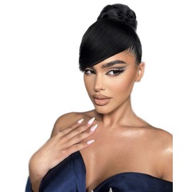 VAVANGA BUN & BANG SET 2PCS - Quick Small Size Chignon Bun with Swoop Side Bangs Clip-in Synthetic Hair Fringe with Braided Bun Hairpiece for Women