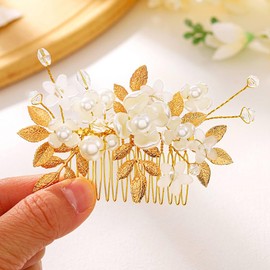 Kesvb Flower Bride Wedding Hair Comb Rose Gold Leaf Bridal Headpiece Pearl Hair Accessories for Women