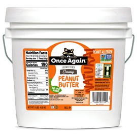 Once Again Natural, Creamy Peanut Butter, 9lb Bucket (same as 9 jars) - Salt Free, Unsweetened - Gluten Free Certified, Vegan, Kosher, Non-GMO Verified