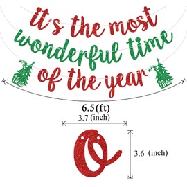 Red Glitter It's the Most Wonderful Time of the Year Banner, Holly Berry Xmas Tree Bells Christmas Holiday Decor, Merry Christmas Winter Party Mantle Decorations Supplies