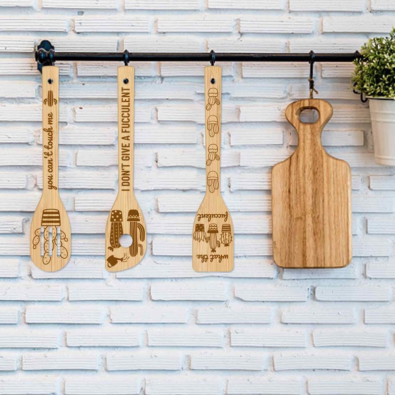 GLOBLELAND 6Pcs Owl Bamboo Cooking Utensils Wooden Engraved Cooking Spoons