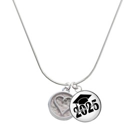 Delight Jewelry Silvertone Heart Outline - Round Seal Script Class of 2025 Dome Charm Necklace, 18"