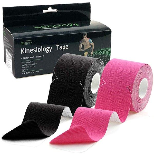 MUEUSS Pregnancy Tape Belly Support, Precut Kinesiology Tape, Waterproof Elastic Athletic Sports Tape, Muscle Tape, Hypoallergenic Tape Knee Tape for Shoulder Knee Pain Relief, 2 Rolls Pink Black