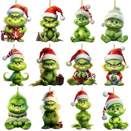 Grinch Christmas Decoration Pendants - 12 Piece Set | High Quality 2D Acrylic Tags with Cute Designs | Perfect for Christmas Tree, Window & Home | Festive Decoration