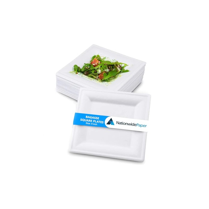 NationwidePaper 8 Inch Biodegradable Square Paper Plates, Bagasse White Disposable