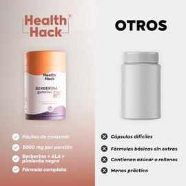 Health Hack Berberina en Gomitas, 500 mg de Berberina, con 120 mg Ácido Alfa Lipoico y 10 mg Pimienta Negra por Porción, Sabor Manzana, Suplemento Veg