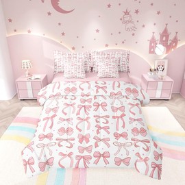 Manfei Pink Bow 7 Pcs Comforter Set,Princess Ribbon Bow Dreamy Girly Bow-tie Bedding Set,Fairy Tale Romantic Starry Pink White Bed Set(Comforter+Fitted+Flat Sheet+Pillowcases+Pillow Covers),Full