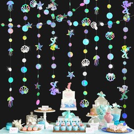 52 ft Glitter Mermaid Garland, Pack of 4 4 m Mermaid Birthday Garland, Hanging Paper Garland with Mermaids, Jellyfish, Shell, Starfish, for Mermaid Party, Birthday, Festivals