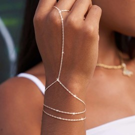 Tewiky Silver Dainty Ring Bracelet Hand Chain for Women - Silver Layered Adjustable Satellite Bead Paperclip Dot CZ Link Hand Chain Bracelets Non Tarnish Trendy Jewelry Gift SL2B