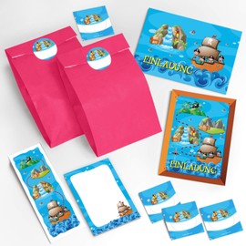 JuNa-Experten 8 Invitation Cards Children's Birthday Pirates for Girls Boys / Treasure Hunt Including 8 Envelopes, 8 Bags / Pink, 8 Stickers, 8 Pads, 8 Bookmarks