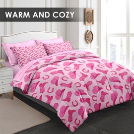 Pamnest Comforter Set Twin Size, Pink Cowboy Cowgirl 5 Pcs Bedding for Kids and Adults, Cute American Western Bed Sheet Sets with Fitted Sheet Pillowcase & Sham