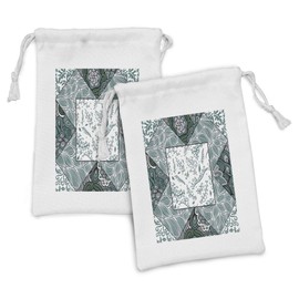 Ambesonne Boho Fabric Pouch Set of 2, Shabby Form Leaves in Mix Chevron Swirled Nature Branches Flower Print, Small Drawstring Bag for Toiletries Masks and Favors, 9" x 6", Jade Green Grey White