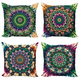 Ambesonne Mandala Throw Pillow Cushion Cover Set of 4, Psychedelic Colorful Bloom Jumble Look Hippie and Trippy Vibes Boho Artwork, Decorative Accent Double-Sided Printing, 24", Teal Purple Green