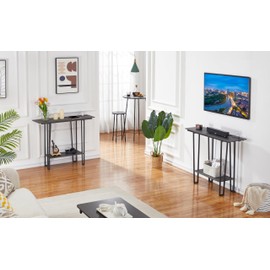 VECELO 39.4" Couch Side & Console Table with 2 Outlets, 2 USB Ports and Extra Long 9.8 Feet Power Code, Narrow Entryway Furniture with Metal Frame and Shelves for Entrance, Sofa Behind, Grey