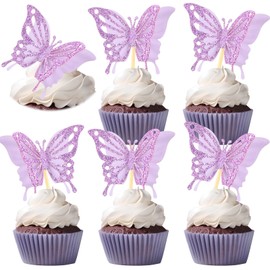 Chinco 48 Pcs Butterfly Cupcake Toppers Assembled Double Layer Cupcake Topper 3D Glitter Cupcake Topper Butterfly Cocktail Pick Decoration for Baby Shower Birthday Wedding (Glitter Purple,Retro Style)