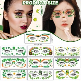 10 Pcs St. Patrick's Day Shamrock Temporary Face Tattoos Sticker Green Clove Butterfly Hat Heart Face Freckles Makeup Fake Tattoo Stickers Decals for Irish Parade Party Art Decorations