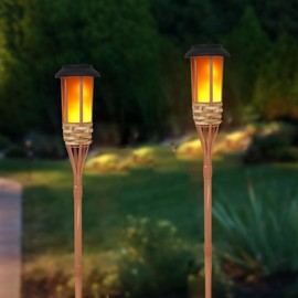 EONANT Flashing Flame Solar Light Solar Outdoor Waterproof Garden Torch, Swinging Flame Outdoor Island Torch, Handmade Bamboo Veneer (Pack of 2)