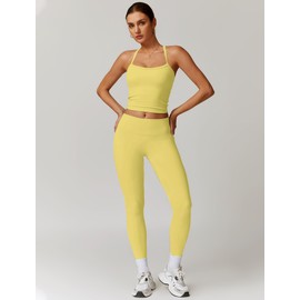 Womens Workout Sets Two Piece Seamless Stretch Cross Back Tank Top Matching Tummy Control High Waist Leggings Set 2 Piece For Women Gym Yoga Active Wear Outfits Athletic Work Out Clothes S Yellow