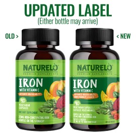 NATURELO NATURELO Vegan Iron Supplement with Vitamin C and Organic Whole Foods - Gentle Iron Pills for Women & Men w/Iron Deficiency Including Pregnancy, Anemia and Vegan Diets - 90 Capsules, Pack of 2