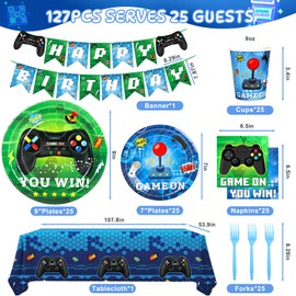 YMDOBIGER Video Game Party Decorations, Gaming Birthday Party Supplies with Plates Napkins Cups Banner Tablecloth Forks for Boys Gamer Birthday Decor, Serve 25