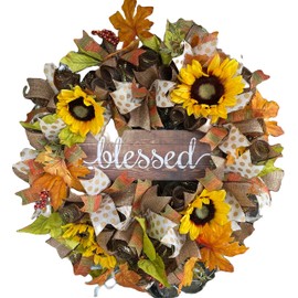 XL BLESSED Stunning Fall Thanksgiving Sunflower Floral Fall Brown Polka Dot Deco Mesh Front Door Wreath, Door Hanger, Country Home, Farmhouse Decoration, Porch Sign