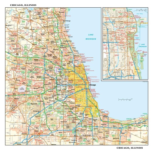 Chicago, Illinois Wall Map, Small - 15" x 14.5" Laminated