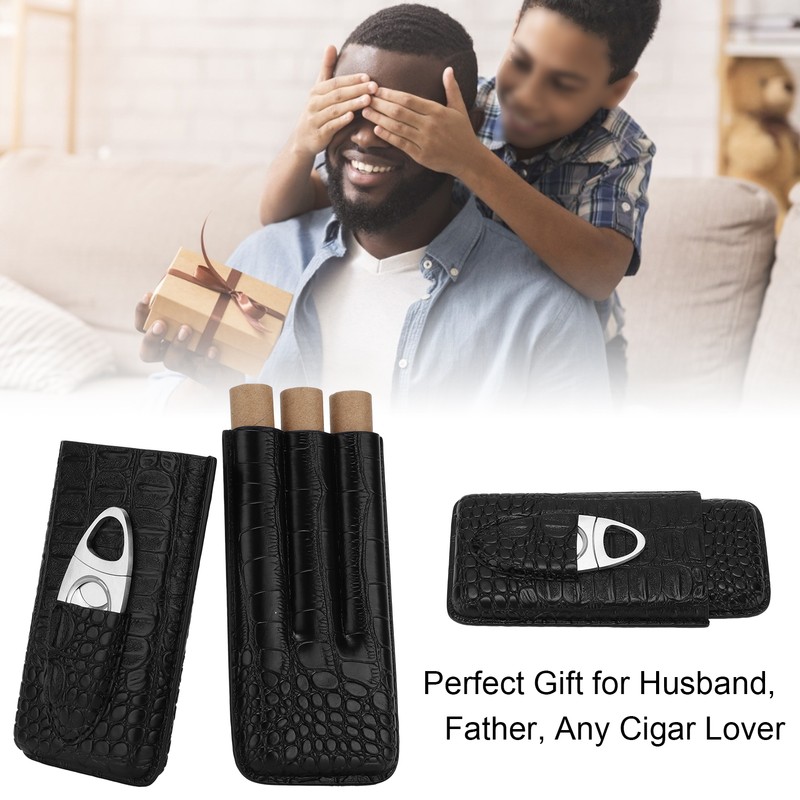 Cigar Case Portable Black Large Capacity PU Leather Caiman Pattern
