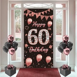 Happy 60th Birthday Door Banner Backdrop Decorations for Women, Rose Gold 60th Birthday Party Door Cover Sign Supplies, 60 Years Old Birthday Poster Background Photo Booth Props Decor