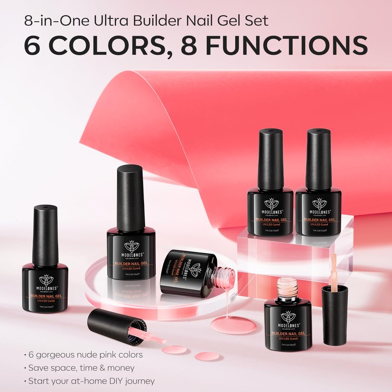 Modelones 8-in-ONE Builder Naill Gel, 6 Colors Pink Clear Builder