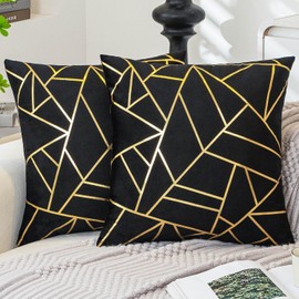 ViaElayu Cushion Cover 50 x 50 cm Black Sofa Cushion with Golden Geometric Decorative Cushion Velvet Cushion Covers Modern Cushions Square Cushion Covers Decoration Set of 2 Bedroom