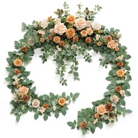 Ling's Moment 9FT Wedding Arch Flowers, Eucalyptus and Willow Leaf Floral Garland for Mantle, Handcrafted Sweetheart Table Centerpieces, Spring Garden Party Backdrop Decoration, Champagne & Peach