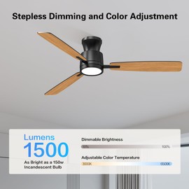 Atolit Ceiling Fans with Lights,52 Inch,Quiet Reversible Motor,Easy to Install,6 Speeds,Dimmable,Timer,Black Low Profile Ceiling Fan for Bedroom Living Room,Kitchen,Indoor/Outdoor