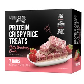 Protein Crispy Rice Treats, 15g Protein, 3g-7g Net Carbs, Low Carb, Fluffy, Soft, Chewy, Gluten Free, High Fiber, Keto-Friendly, No Aftertaste (Fluffy Strawberry Cream, 1 Pack)