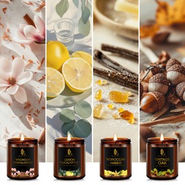 Scented Candle Set, Men Candle Set, Candles for Home Scented Gifts, 4Pack 28oz Soy Candles, Scents of Lemon Eucalyptus/Moroccan Amber/Magnolia & Sandalwood/Vintage Oak