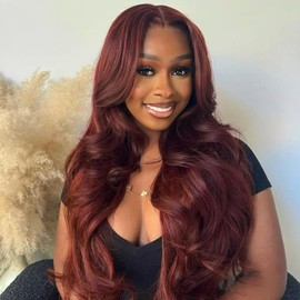 Daveila 30 Inch Reddish Brown Body Wave Glueless Wig Human Hair Pre Plucked Pre Cut Glueless Lace Front Wig Ready to Wear 6x4 Body Wave Closure Wig Human Hair Closure Wig Bleached Knots for Women