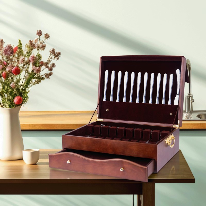 Silverware Storage Box,2 Layers Wooden Silverware Chest with Drawer,Silverware Case