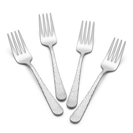 E-far Hammered Serving Forks, 4-Piece Stainless Steel Hostess Serving Utensils Set for Meat Catering Buffet Party Kitchen Restaurant, Non-toxic & Dishwasher Safe