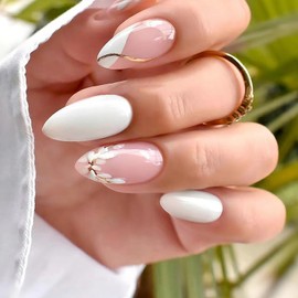 Medium Press on Nails Almond Fake Nails Artificial Full Cover Nails with Gold Curved White Flowers French Tips Designs Summer Pink Acrylic False Nails Stick Glue on Nails for Women and Girls 24 Pcs
