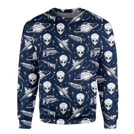 Funny Alien Space Sweatshirt for Men Comfortable Long Sleeve Pullover with Playful Alien, Space and Gun Graphic Design
