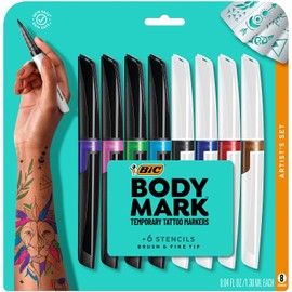 BIC BodyMark - Juego de marcadores temporales para tatuajes con colores vibrantes y puntas mixtas, paquete de 8 unidades en tinta variada