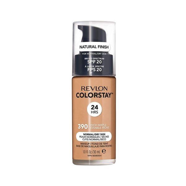 Revlon ColorStay Makeup for Normal/Dry Skin SPF 20, Longwear Liquid Foundation, with Medium-Full Coverage, Natural Finish, Oil Free, 390 Rich Maple, 1.0 oz