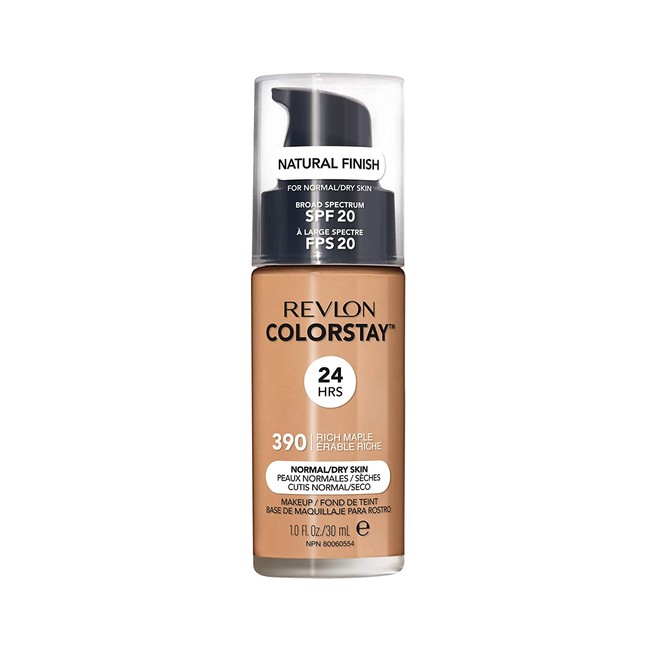 Revlon ColorStay Makeup for Normal/Dry Skin SPF 20, Longwear Liquid Foundation, with Medium-Full Coverage, Natural Finish, Oil Free, 390 Rich Maple, 1.0 oz