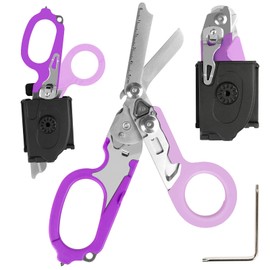 6 in 1 Multi-Function Foldable Trauma Shears with Compatible Holster, Emergency Response Scissors Outdoor Camping Rescue Tools with Strap Cutter and Glass Breaker for Hospitals, Home (Purple)