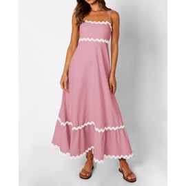 dowerme Holiday Dress for Women Elegant Spaghetti Straps Sleeveless Rickrack Trim A Line Loose Fit Long Sundresses 2025(Pink,Small)