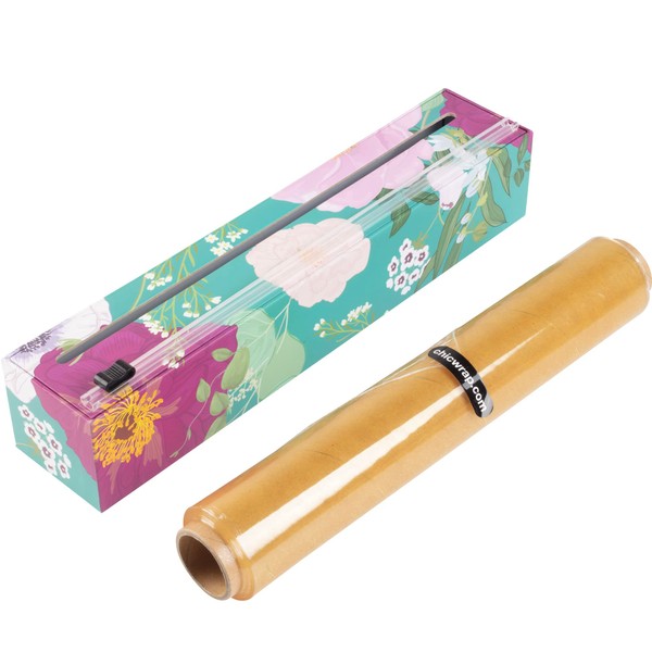 Chicwrap Spring Flowers Refillable Plastic Wrap Dispenser - Includes 12" x 250' Roll Professional Grade Disposable Plastic Wrap - Reusable Dispenser w/Slide Cutter - Ideal Dispenser & Saves Money