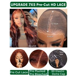 KLAIYI Bye Bye Knots Glueless Wig Reddish Brown Body Wave 7x5 Pre Cut HD Lace Front Wigs Human Hair Put On And Go Wig Pre Bleached Pre Plucked with Baby Hair 30S Ready To Wear 150% Density Full 18Inch