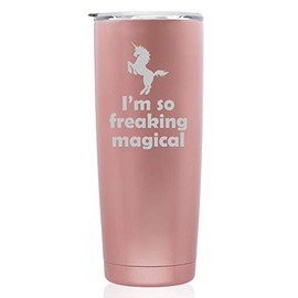 Rose Gold Double Wall Vacuum Insulated Stainless Steel Tumbler Travel Mug I'm So Freaking Magical Unicorn (Skinny 20 oz)